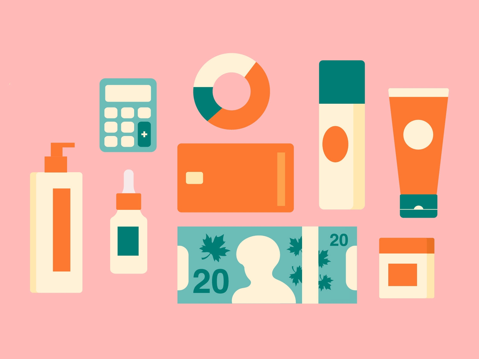 financial self care products Illustration of several self-care products (creams, lotions, etc.) alongside financial items including a credit card and a $20 bill.