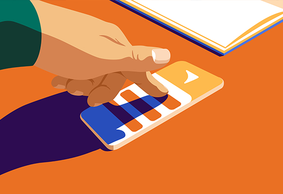 Illustration of a hand scrolling on a phone with the Tangerine logo on it.